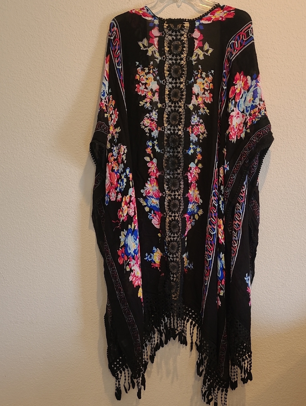Woven Heart Floral Black Kimono Cover-Up with Fringe Side Slit Size 1X - Picture 1 of 5
